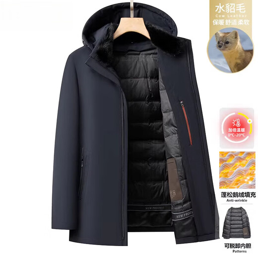 KBXNG劲霸【拆卸连帽水貂毛领+鹅绒内胆】中老年爸爸羽绒服男保暖夹克 藏青色 L 175