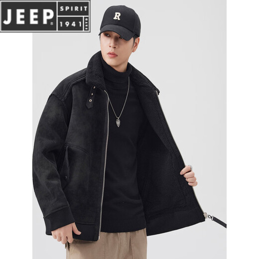 JEEP SPIRIT美式皮毛一体羊羔绒工装男2025新款冬季加绒加厚保暖翻领夹克外套 黑色 4XL