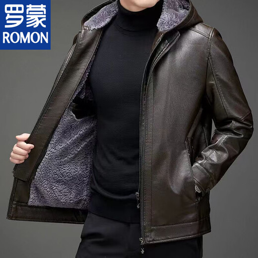 ROMON Haining Leather Men's Fur All-in-One Jacket Middle-aged and Old Sheepskin Plus Velvet Thickened Leather Jacket for Dad Black Hat Style Plus Velvet Thickened XL 180 Size 110-135Jin Jin is equal to 0.5 kg