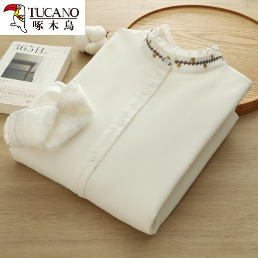 Woodpecker all-in-one velvet bottoming shirt for women with velvet thickened warm embroidered top white professional autumn and winter new inner wear white velvet M