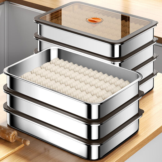 Home KATEI STORY Japanese dumpling freezing box stainless steel dumpling box food grade dumpling special quick-frozen crisper refrigerator storage box large size 1 layer 1 cover about 60 dumplings 1 layer 2400ml 1 pack