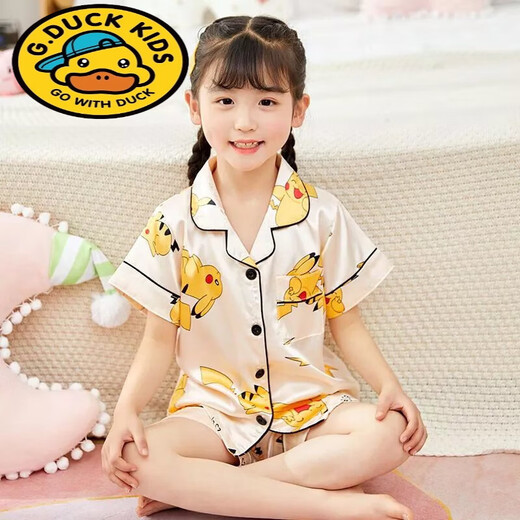 G.duck夏季短袖儿童睡衣冰丝薄款夏天男童真丝小女孩宝宝卡通家居服套装 681女童 170 18码建议身高142-150cm