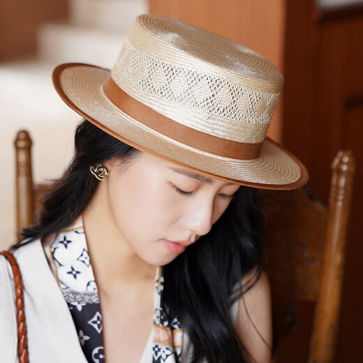 JOLISAC high-end handmade first-grade F linen French retro flat-top straw hat for men and women hollow braided flower flat brim sunshade British hat herbal color adjustable