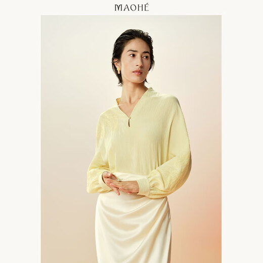 Maohe hollow embroidered V-neck top 2026 spring new style temperament shirt 26MH61102 Gardenia Yellow S