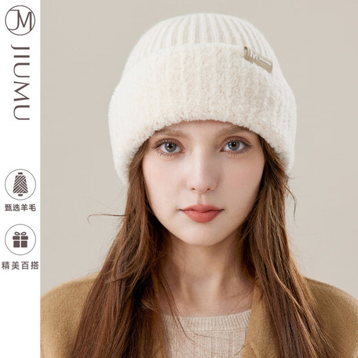 玖慕(JIUMU)羊毛针织帽女秋冬韩版百搭加厚保暖复古可爱毛绒护耳毛线帽子 米色 均码_56-60cm