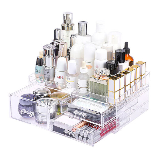 Shijanu new product desktop cosmetics storage box acrylic transparent lipstick box dressing table compartment skin care product mask one-piece three small pumps