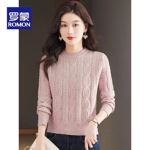 ROMON short sweater for women in autumn and winter high-waisted twist top round neck long-sleeved wool sweater fashionable knitted bottoming sweater 100% pure wool-rose purple-Puyuan wool sweater S