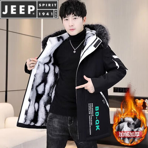 JEEP SPIRIT velvet thickened men's jacket mid-length trendy overcoat cotton winter men's jacket 2025 new windbreaker BDQ black rice XL