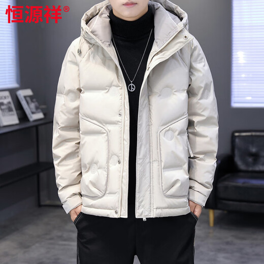 Hengyuanxiang thickened warm hooded short trendy brand jacket 2026 men's winter new white duck down Korean style versatile down jacket black M