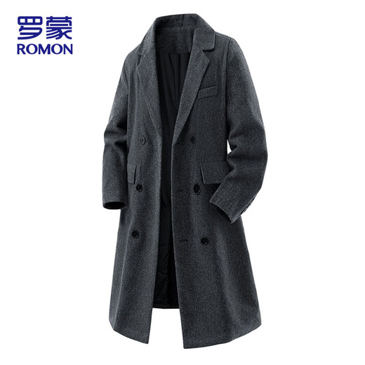 ROMON windbreaker men's woolen coat winter casual warm lapel loose mid-length coat black 2XL