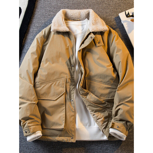 花花公子加厚保暖羊羔领工装羽绒服男秋冬日系覆古工装外套男 军绿色 90绒 L (121-140斤)