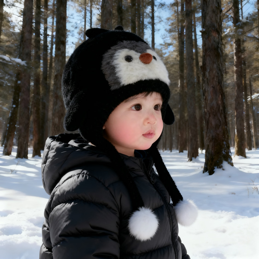 Jingqi Baby Hat Autumn and Winter Children's Plush Warm Ear Protection Hat Infant and Toddler Cute Cartoon Outing Plush Hat Black 48-52cm
