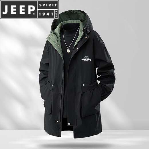 JEEP SPIRIT Зимняя и осенняя ветровка, мужская свободная рабочая одежда больших размеров средней длины, очень большая повседневная ветрозащитная куртка с капюшоном, 6851, черная (весенне-осенняя модель без бархата) L