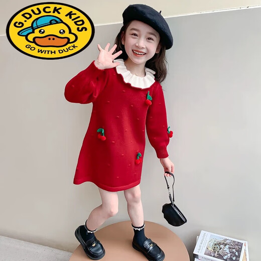 G.duck Girls Sweater Dress 2025 Autumn and Winter New Children's Doll Collar Knitted Dress Baby Fashionable Princess Skirt Red Sweet Cherry Sweater Dress 110 Tag Suitable for 100cm