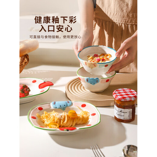 Sheli Christmas gift ceramic rice bowl household high-value tableware with lid instant noodle bowl yogurt bowl dish plate cartoon ten-piece set A (independent small color box) If you need a gift box, please contact customer service for 1 piece