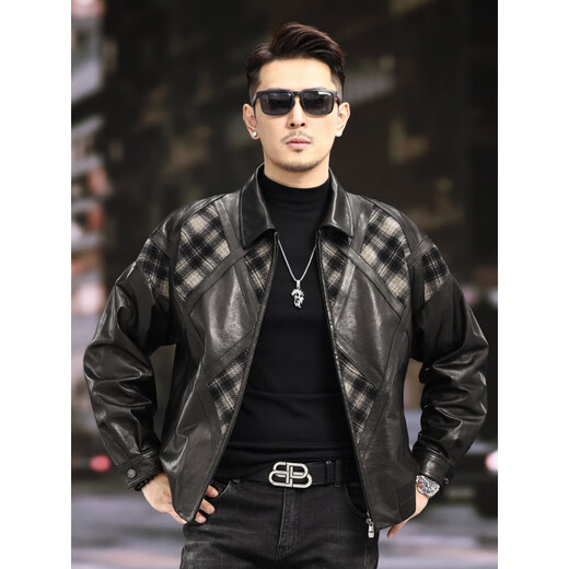 Xiaohongshu’s popular ZIXI vintage leather jacket for men with genuine leather goatskin spliced woolen lapels, removable thickened liner, black single lining M 16545-55kg