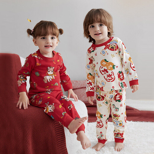 Modal boneless high-waisted children's Year of the Horse underwear, pure cotton, Lunar New Year, Autumn and Winter, New Year's baby autumn clothes and long johns set, red pajamas, high-waisted - Cute Baoli Ma 90, recommended age 1-2 years old cm