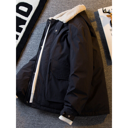 花花公子加厚保暖羊羔领工装羽绒服男秋冬日系覆古工装外套男 军绿色 90绒 L (121-140斤)