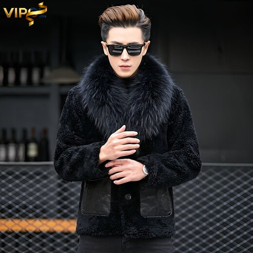 VIPOL's new Haining imitation leather raccoon dog fur collar sheep sheared jacket men's short fur one-piece thickened thick jacket black mink style fur one-piece lining 3XL 160Jin Jin equals 0.5kg ---180Jin Jin equals 0.5kg