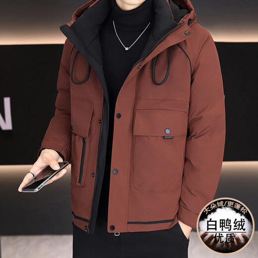 KBXNG劲霸新款羽绒服男士冬季连帽高端防寒服户外加厚保暖短款工装外套 酒红色 M