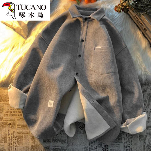 Woodpecker thickened velvet shirt for women, Korean version, loose, stylish, age-reducing, fashionable for fat girls, versatile, super popular, trendy clothes, gray S, suitable for 85-Jin Jin is equal to 0.5 kg