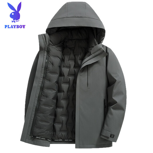 花花公子（PLAYBOY）三合一鹅绒服男士保暖中长款外套脱卸内胆中老年爸爸休闲羽绒服男 MSN9606黑色【可脱卸内胆】 M 170(推荐120斤以内穿)