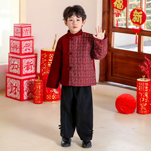 Disney New Year's greetings suit for boys, Tang suit, new Chinese style winter children's Chinese New Year, female cheongsam, kindergarten, New Year's Day children's performance clothing, new Chinese style long-sleeved cotton jacket + woolen pants 100 cm loose fit, don't be too big