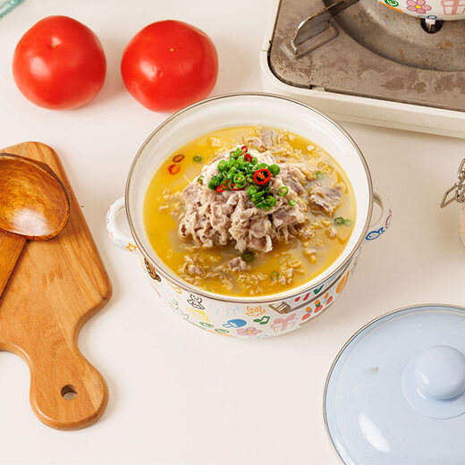 Jingyan enamel cute instant noodles with lid, noodle pot for home kitchen, high-looking lard jar, double ear jar, small enamel, cartoon blue lid enamel pot set (three in total, large, medium and small)