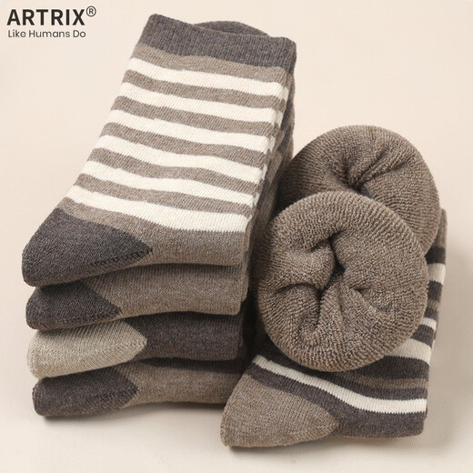 Brown terry women's autumn and winter socks for women, mid-length warm mid-length adult plus velvet thickened winter towel, brown strips, one size fits all, 10 pairs (women's size 35+40)