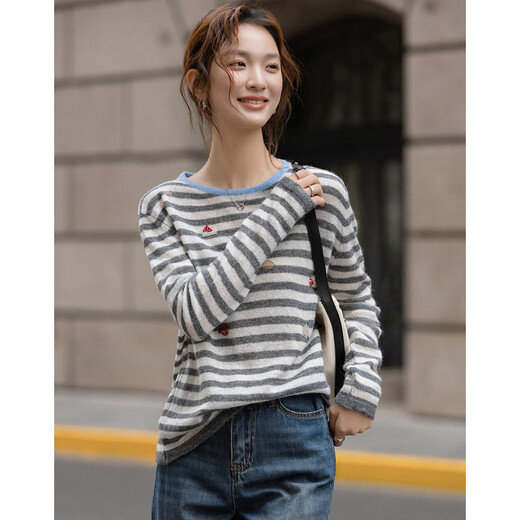 Demana sheep wool spring intellectual college striped beaded embroidered sweater off-shoulder petite women's sweater