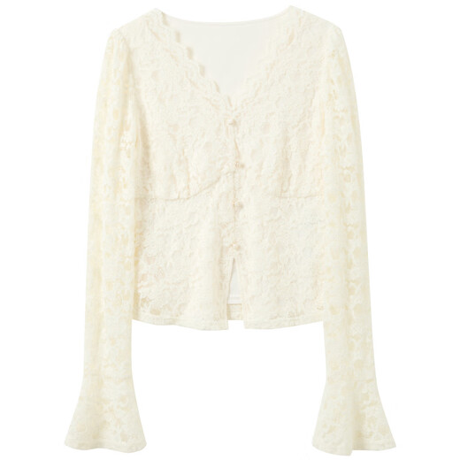 Sancai 2026 Spring New Lace Shirt V-neck Slim Slit Top Slim Women Off-White L 165/88A