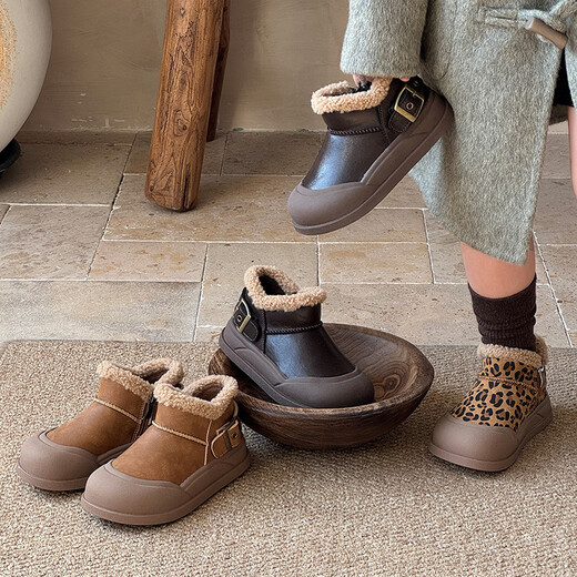ABJA children's plush cotton shoes 2025 winter style warm short boots for boys and girls, plush collar, non-slip soft sole, stain-resistant cotton boots, chestnut brown 26