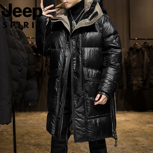 JEEP Глянцевый пуховик Jeep International средней длины, мужская зимняя утолщенная теплая одноразовая повседневная куртка с капюшоном черного цвета M 125Jin Jin с точностью до 0,5 кг