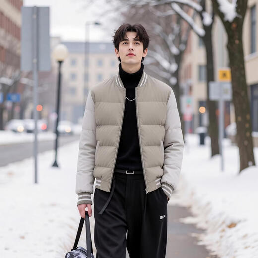 Q ZHIHE短款拼接撞色羽绒服男士2025冬季新款棒球领休闲百搭保暖外套男 01D黑色 XL