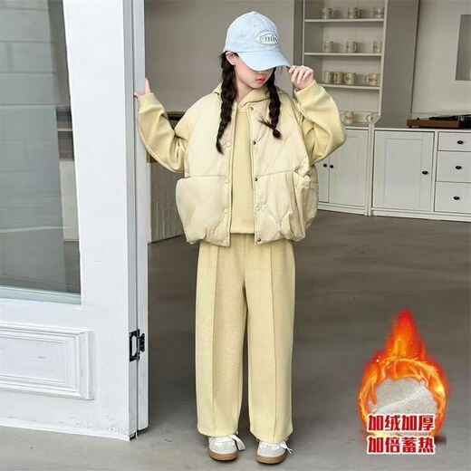 New product 2025 plus velvet and thickening for middle and large children and girls solid color western style internet celebrity Korean style loose vest and sweatshirt three-piece set wide-legged purple three-piece - vest-sweatshirt-pants 110 #