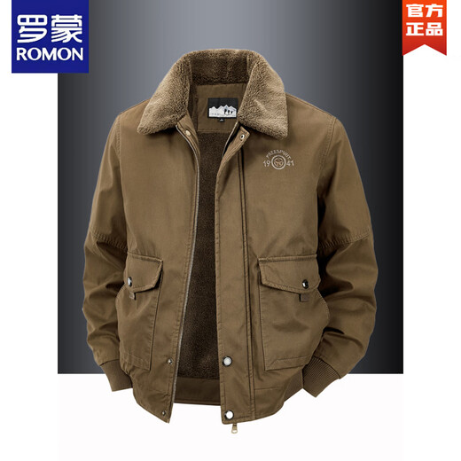 ROMON 2026 autumn and winter new velvet cotton coat men's thickened warm coat middle-aged and elderly cotton jacket lapel workwear cotton coat brown 3XL