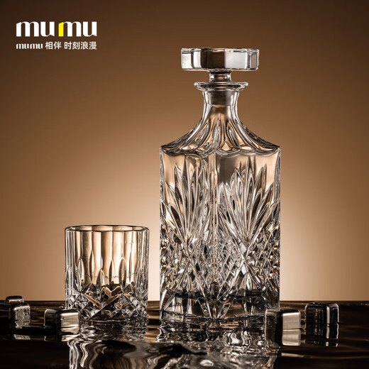 MUMU European light luxury whiskey glass, ice cracked wine bottle gift box set, wine set, household decanter, Yuandu Oxford wine bottle set, cup + 1 wine bottle + gift box 6 pcs