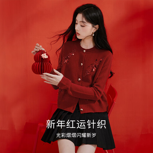 Xiangying New Year's jersey red sweater cardigan women's short 2026 spring new heavy industry sequined beaded sweater red L 165/88A/110-125Jin Jin equals 0.5 kg