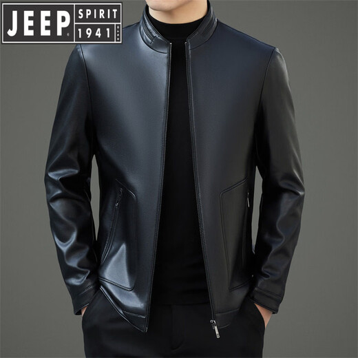 JEEP SPIRIT leather jacket business casual men's winter lapel casual daddy sheepskin jacket middle-aged short leather jacket black S 165
