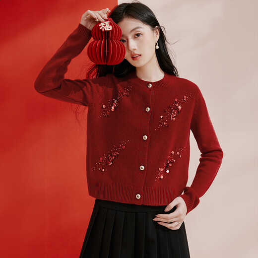 Xiangying New Year's jersey red sweater cardigan women's short 2026 spring new heavy industry sequined beaded sweater red L 165/88A/110-125Jin Jin equals 0.5 kg