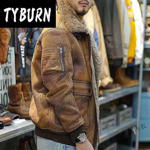 TYBURN Mountain Ano Retro Jacket Men's Thickened Warm Motorcycle Style Lapel Loose Retro Leather Jacket Ginger Quality Spot M (95-115) Jin Jin equals 0.5 kg