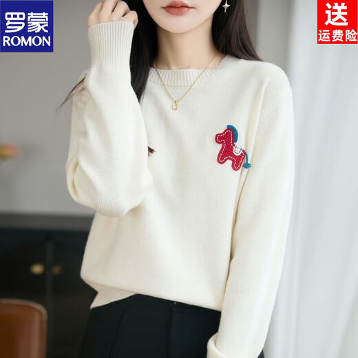 ROMON New Year's natal year cartoon pony age-reducing wool knitted top round-neck autumn and winter jacquard sweater to wear as a base to look slim New Year's red natal year embroidery L