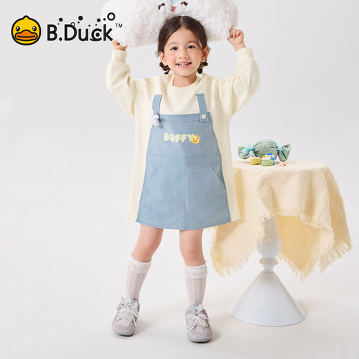 B.Duck Mosquito Repellent and Antibacterial Little Yellow Duck Children's Clothing Girls Dress Fake Two-piece Tops 2026 Spring Baby Girl Skirt Milk Apricot (7A Antibacterial + Anti-mosquito Technology) 90 cm