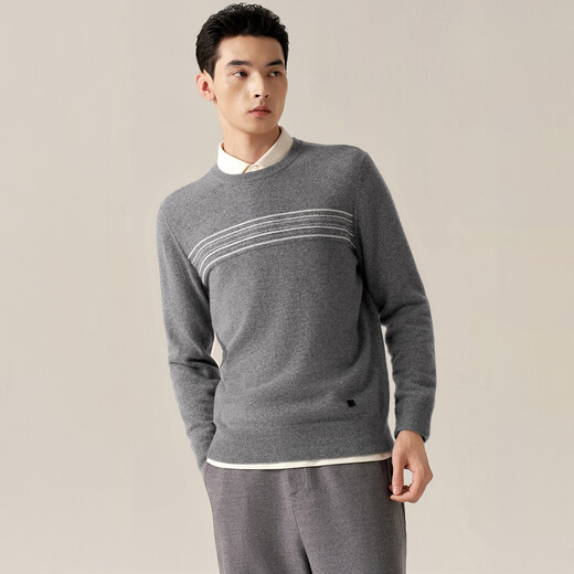 Ordos 1980 machine washable new pure cashmere round neck embroidered men's comfortable cashmere sweater 26 early spring elegant gray M 170/92A