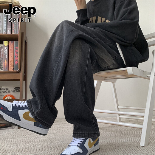 JEEP SPIRIT Jeep velvet thickened jeans men's winter loose straight wide-leg casual pants smoke velvet XL