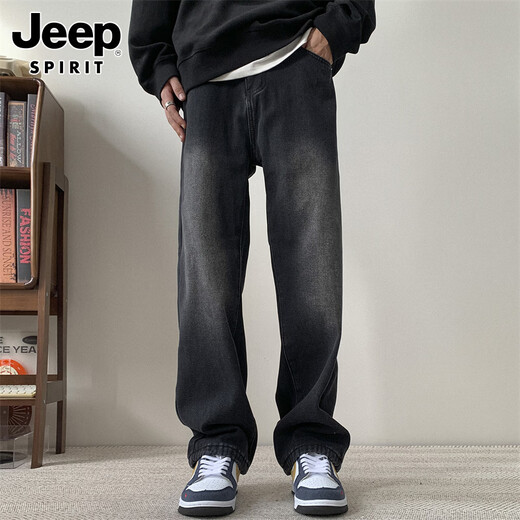 JEEP SPIRIT Jeep velvet thickened jeans men's winter loose straight wide-leg casual pants smoke velvet XL