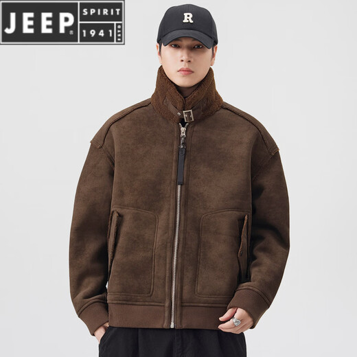 JEEP SPIRIT美式皮毛一体羊羔绒工装男2025新款冬季加绒加厚保暖翻领夹克外套 黑色 4XL
