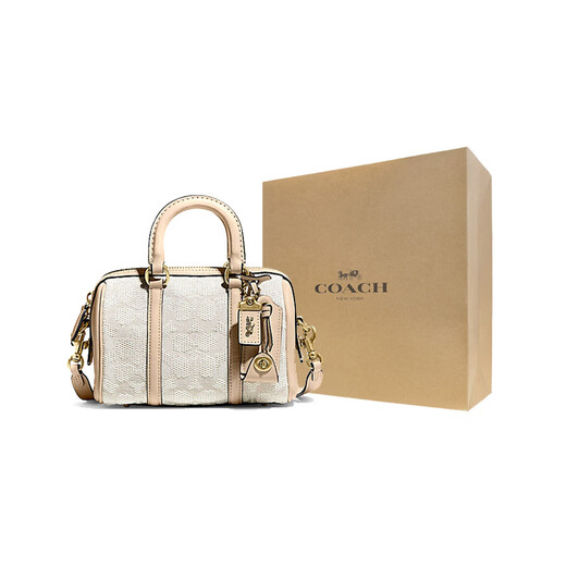 COACH Ruby 18 Zipper closure classic logo Jacquard fabric with cow leather Boston bag hand-held shoulder slant gift box (basic + black counter gift box) Default