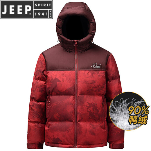JEEP SPIRIT thickened red down jacket men's short 2025 winter new hooded color matching zodiac year printed jacket trendy red 丨Select 90 velvet M 170