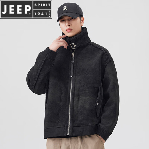 JEEP SPIRIT美式皮毛一体羊羔绒工装男2025新款冬季加绒加厚保暖翻领夹克外套 黑色 4XL
